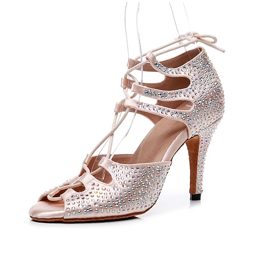 

Women's Latin Shoes Ballroom Shoes Line Dance Party Performance Practice Glitter Crystal Sequined Jeweled Heel Ribbon Tie Crystal / Rhinestone Slim High Heel Lace-up Nude / Silk