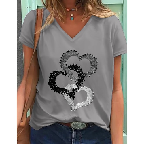 

Dames T-shirt Groen Grijs Grafisch Hart Afdrukken Korte mouw Dagelijks Weekend Basic V-hals Normaal S