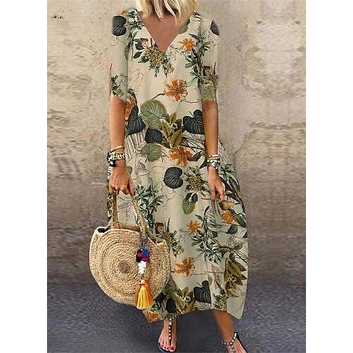 Women's Shift Dress Maxi long Dress Red Navy Blue Yellow Half Sleeve Floral Patchwork Print Spring Summer V Neck Casual Vintage Loose 2022 S M L XL XXL