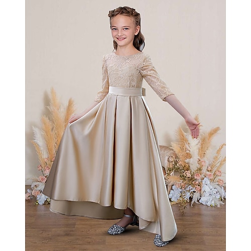 

A-Line Floor Length Jewel Neck Satin Junior Bridesmaid Dresses&Gowns With Sash / Ribbon Wedding Party Dresses 4-16 Year