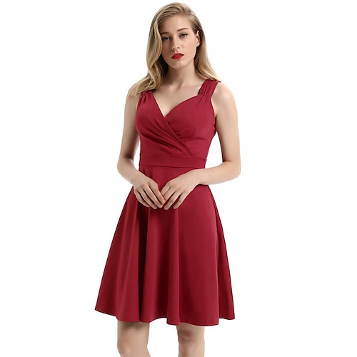 

A-Line Minimalist Elegant Party Wear Cocktail Party Dress V Neck Sleeveless Tea Length Spandex with Pleats 2022