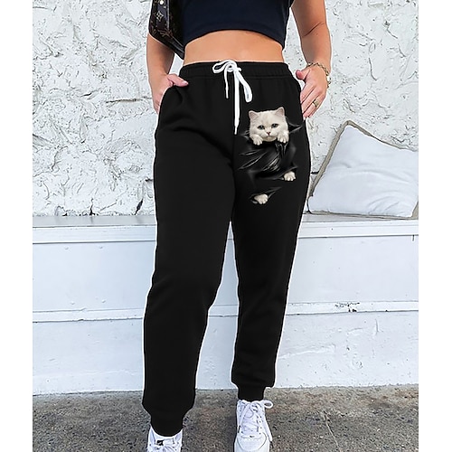 

Dame Jogger Sort Medium Talje Gade Joggingbukser I-byen-tøj Weekend Trykt mønster Mikroelastisk Fuld længde Komfort Dyr S M L XL XXL / Kat