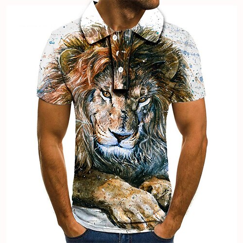 

Men's Collar Polo Shirt Golf Shirt Tennis Shirt Animal Lion Collar Brown 3D Print Street Casual Short Sleeve Button-Down Clothing Apparel Fashion Cool Casual / Sports