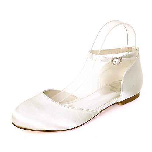 

Women's Wedding Shoes Ankle Strap Heels Wedding Flats Bridesmaid Shoes Flat Heel Round Toe Satin Ankle Strap Solid Colored Purple Champagne Dark Blue