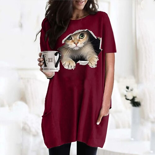 女性用 Tシャツドレス チュニック ブラック ワイン アーミーグリーン グラフィック 猫 ポケット プリント 半袖 カジュアル 日常 ベーシック ラウンドネック 3D猫