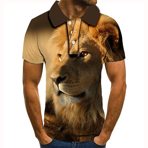 

Men's Collar Polo Shirt Golf Shirt Tennis Shirt Animal Lion Graphic Prints Collar Brown 3D Print Street Casual Short Sleeve Button-Down Clothing Apparel Fashion Cool Casual / Sports
