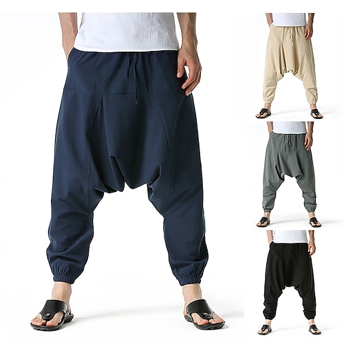 

Men's Harem Joggers Bloomers Trousers Baggy Solid Color Full Length Casual 100% Cotton Boho Casual Loose Fit Black Khaki / Chinoiserie