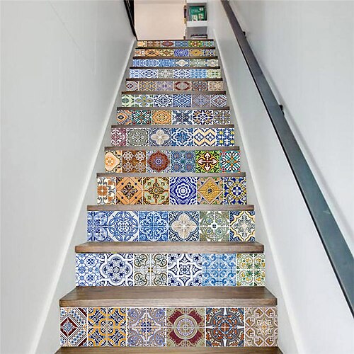 

18X100CM Creative 3d Stickers 13 Pieces Of Moroccan Tiles Stair Stickers Step Renovation Stickers Self-adhesive Pvc Removable Decorative Wall Stickers
