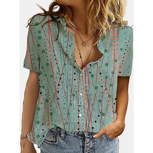 

Women's Blouse Shirt Green Graphic Polka Dot Button Print Short Sleeve Daily Going out Basic Streetwear Shirt Collar Regular Floral Geometric S