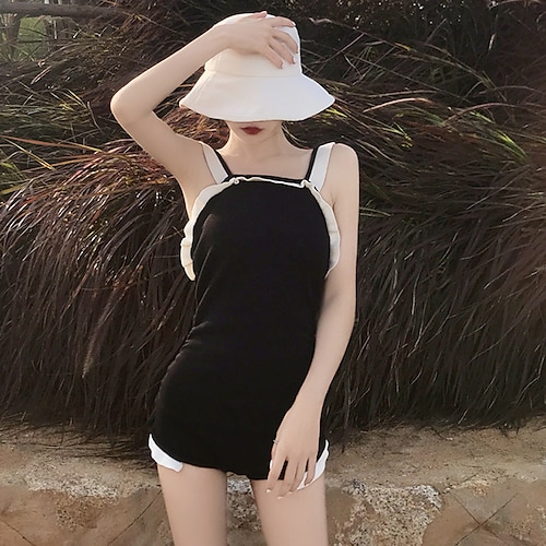 

Women's One Piece Swimsuit Ruffle Bodysuit Bathing Suit Solid Colored Swimwear Black Breathable Quick Dry Comfortable Sleeveless - Swimming Surfing Beach Summer / Spandex