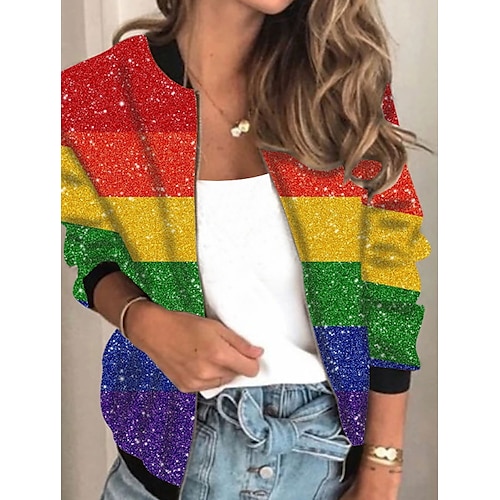 

Mujer Chaqueta Diario Primavera Otoño Regular Abrigo Escote Redondo Ajuste regular Casual Chaquetas Manga Larga Bloque de color A Rayas Estampado Arco Iris