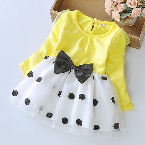 

Toddler Girls' Dress Polka Dot Knee-length Dress Bow Long Sleeve Basic Dress 1-5 Years Summer Pink Yellow Fuchsia