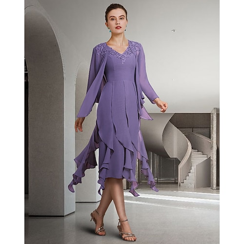 

Two Piece Sheath / Column Mother of the Bride Dress Elegant Jewel Neck Knee Length Chiffon Lace Long Sleeve with Ruffles 2022