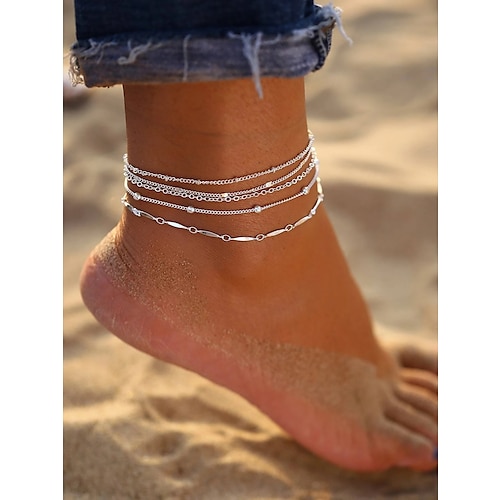 

Anklet Simple Fashion European Women's Body Jewelry For Street Gift Layered Alloy Silver 5 Pieces