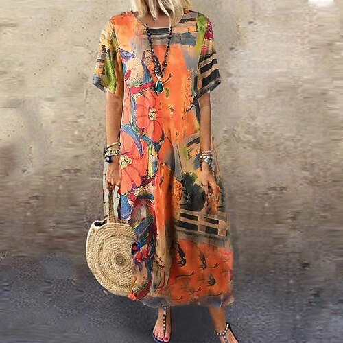 

Women's T Shirt Dress Tee Dress Maxi long Dress Green Blue Orange Short Sleeve Print Abstract Color Block Spring Summer Round Neck Casual Vintage 2022 M L XL 2XL 3XL 4XL
