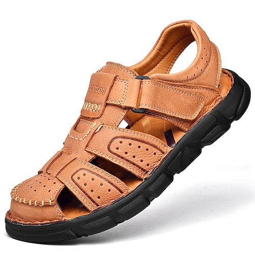 

Men's Sandals Crochet Leather Shoes Flat Sandals Hand Stitching Casual Roman Shoes Beach Outdoor Daily Nappa Leather Cowhide Breathable Handmade Non-slipping Booties / Ankle Boots Light Brown Dark