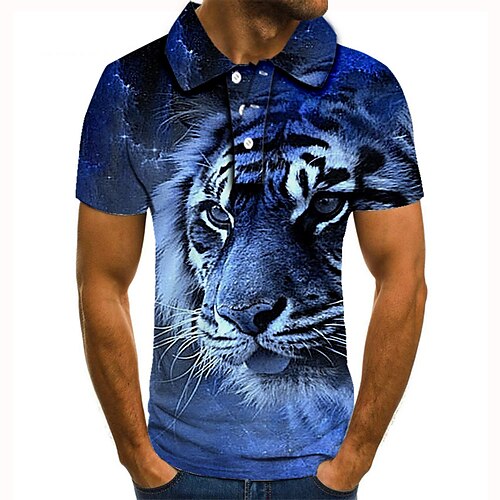 

Men's Collar Polo Shirt Golf Shirt Tennis Shirt Animal Tiger Graphic Prints Collar Blue 3D Print Street Casual Short Sleeve Button-Down Clothing Apparel Fashion Cool Casual / Sports