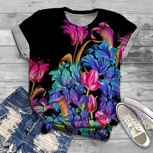 

Women's Plus Size Tops T shirt Tee Floral Graphic Print Short Sleeve Crewneck Basic Daily Holiday Cotton Spandex Jersey Spring Summer Black