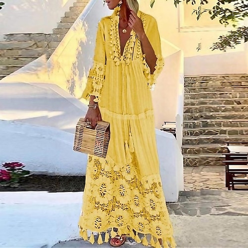 

swingkjole for kvinner maxi lang kjole langermet boho brodert vårsommer v-hals ferie strand boho løs 2021 s m l xl xxl xxxl 4xl