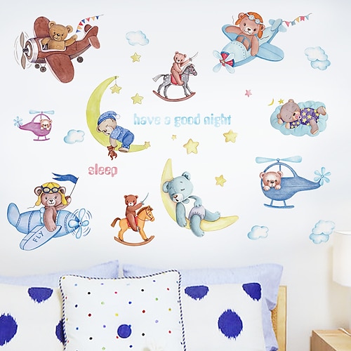 

Cartoon Moon Bear Airplane Children's Room Bedroom Porch Kindergarten Wall Background Decoration Can Be Removed Wall Stickers