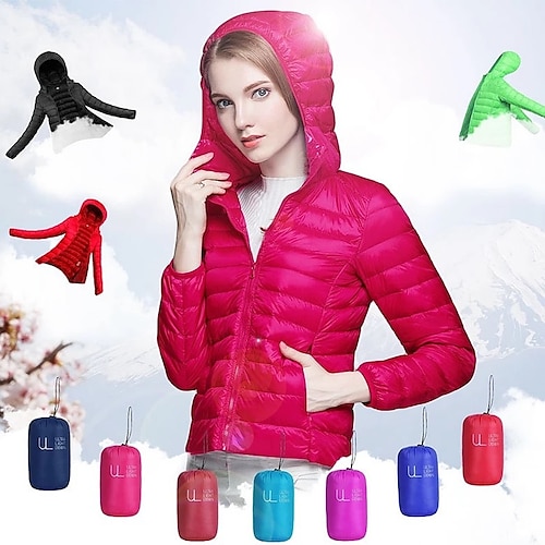 

женская куртка с капюшоном пуховик для походов на утином пуху зима на открытом воздухе толстовка с капюшоном на молнии термотеплый упаковываемый ветрозащитный сверхлегкий (ul) куртка верхняя одежда кемпинг лыжи / сноуборд рыбалка красный синий