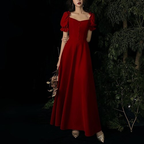 

A-Line Evening Dresses Elegant Dress Wedding Guest Ankle Length Short Sleeve Scoop Neck Satin with Buttons 2022 / Formal Evening