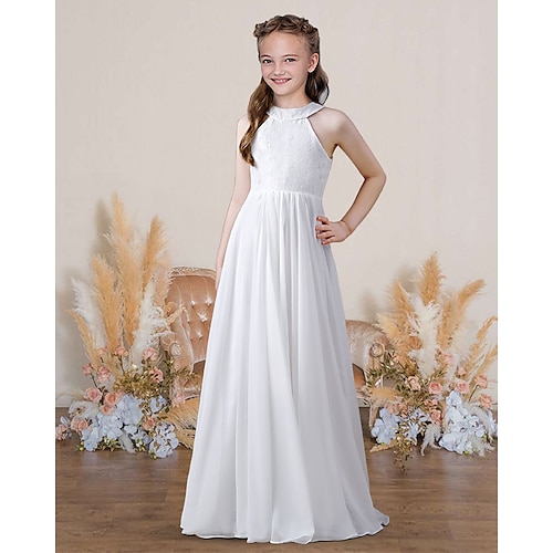 

A-Line Floor Length Jewel Neck Chiffon Junior Bridesmaid Dresses&Gowns With Pleats Wedding Party Dresses 4-16 Year