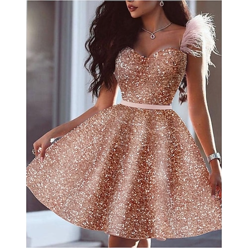 

A-Line Glittering Sexy Homecoming Cocktail Party Dress Sweetheart Neckline Sleeveless Short / Mini Sequined with Feather Sequin 2022