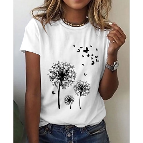 

Women's T shirt Tee Black White Butterfly Dandelion Print Short Sleeve Daily Weekend Basic Round Neck Regular S