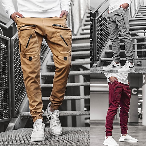 

Men's Cargo Pants Trousers Elastic Waist Multi Pocket Solid Color Lightweight Sports Full Length Fitness Running Casual Wine Khaki Micro-elastic