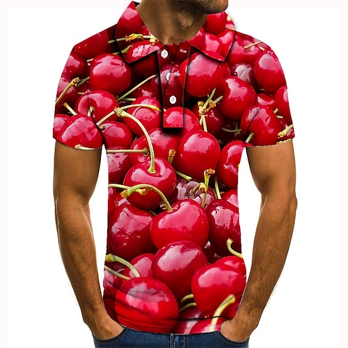

Men's Collar Polo Shirt Golf Shirt Tennis Shirt Fruit Graphic Prints Collar Red 3D Print Street Casual Short Sleeve Button-Down Clothing Apparel Fashion Cool Casual / Sports