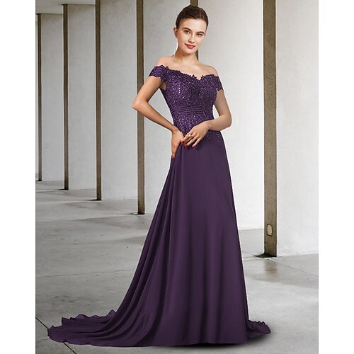 

A-Line Mother of the Bride Dress Elegant V Neck Sweep / Brush Train Chiffon Lace Sleeveless with Appliques 2022