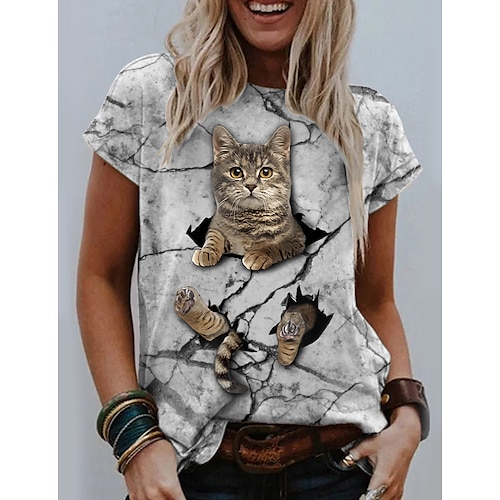 

Women's T shirt Tee Gray Graphic Cat Print Short Sleeve Daily Weekend Basic Round Neck Regular 3D Cat S / 3D Print