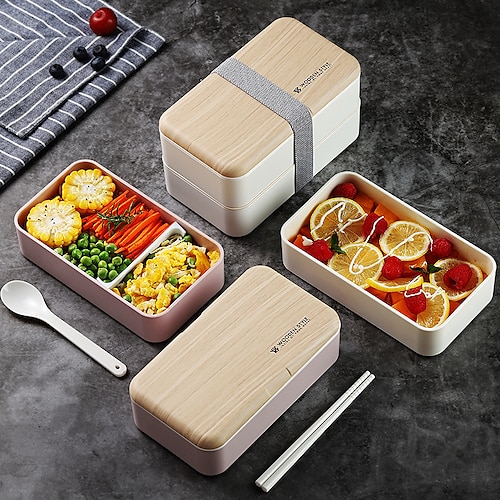 

Lunch Box Japanese-Style Double-Layer Large-Capacity Bento Box Plastic Compartment with Wooden Lid Double-Layer Lunch Box Meal Prep