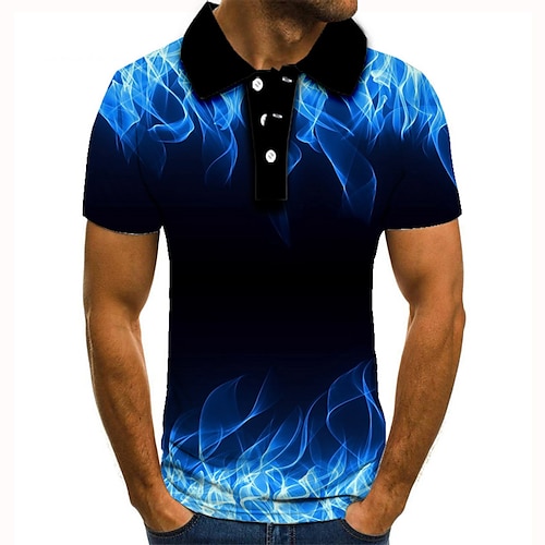 

Men's Collar Polo Shirt Golf Shirt Tennis Shirt Graphic Prints Flame Collar Blue 3D Print Street Casual Short Sleeve Button-Down Clothing Apparel Fashion Cool Casual / Sports