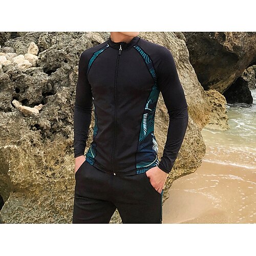 

Men's Rashguard Swimsuit UV Sun Protection UPF50 Breathable Long Sleeve Swimwear Bathing Suit 2 Piece Front Zip Swimming Surfing Water Sports Floral / Botanical Autumn / Fall Spring Summer
