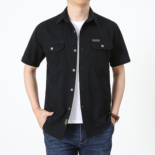 

Men's Cargo Shirt Shirt Work Shirt Solid Color Turndown Black Blue Light Green Khaki Dark Gray Outdoor Street Short Sleeve Button-Down Clothing Apparel Fashion Casual Breathable Comfortable