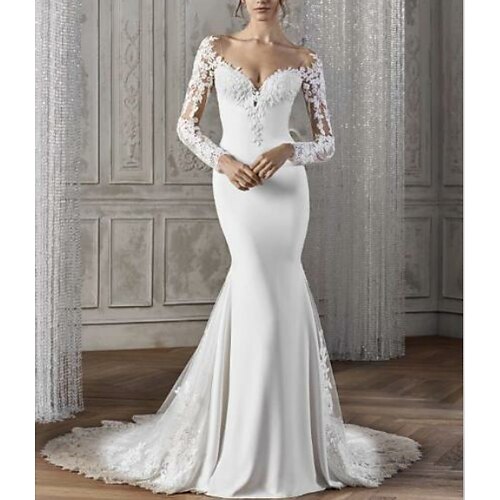 

Mermaid / Trumpet Wedding Dresses V Neck Court Train Lace Satin Long Sleeve Sexy Backless Illusion Sleeve with Lace Insert 2022