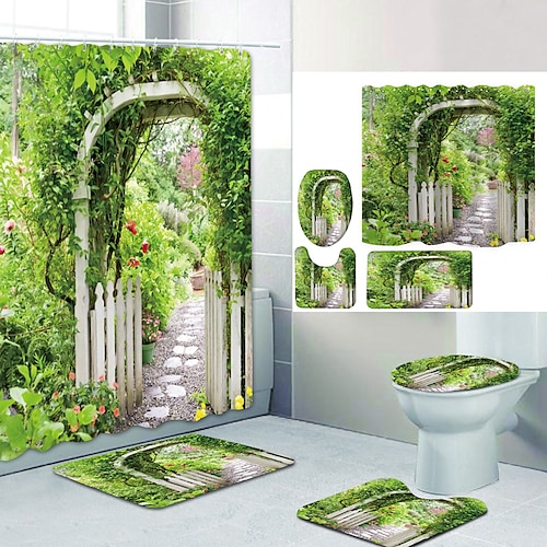 

Grass Arched Door Digital Printing Four-piece Set Shower Curtains and Hooks Modern Polyester Machine Made Waterproof Bathroom