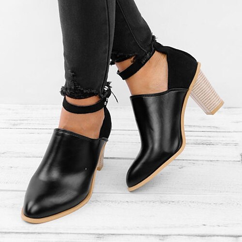 

Women's Sandals Ankle Strap Heels Button Chunky Heel Round Toe Vintage PU Buckle Solid Colored Black