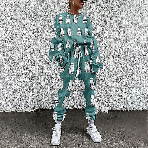 

Women's Active Streetwear Cat Sports Outdoor Casual Two Piece Set Sweatshirt Tracksuit Pants Sets Jogger Pants Drawstring Print Tops