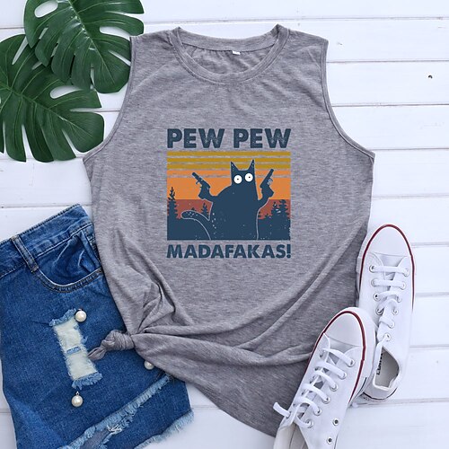 

Women's Tank Top T shirt Tee Vest Blue Purple Light Grey Graphic Cat Print Sleeveless Daily Holiday Basic Round Neck Regular S