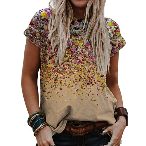 

Women's T shirt Tee Green Blue Yellow Graphic Floral Print Short Sleeve Holiday Weekend Basic Round Neck Regular S / 3D Print