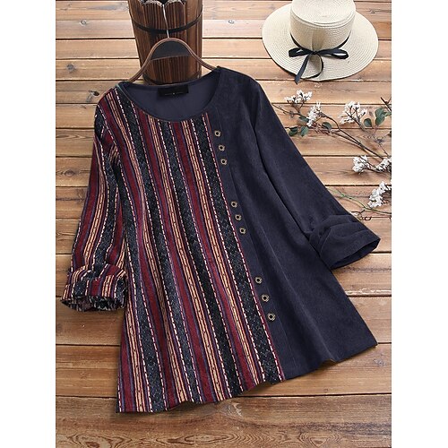 

Women's Plus Size Tops Blouse Shirt Color Block Patchwork Long Sleeve Round Neck Daily Causal Cotton Fall Winter Wine Red