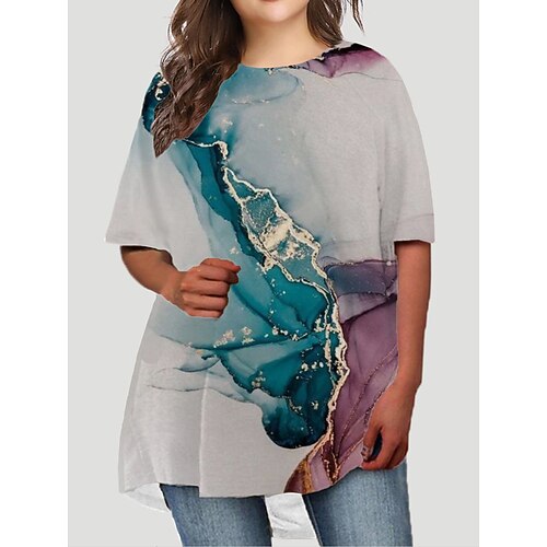 

Women's Plus Size T Shirt Dress Tee Dress Color Gradient Crew Neck Print Half Sleeve Fall Spring Basic Short Mini Dress Causal Daily Dress / Graphic