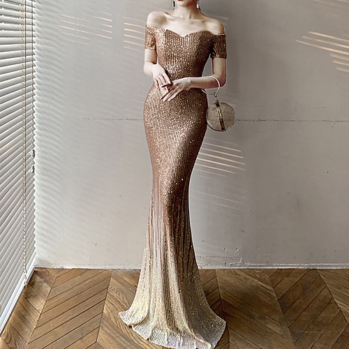 

Mermaid / Trumpet Color Block Sparkle Wedding Guest Formal Evening Birthday Dress Off Shoulder Short Sleeve Floor Length Sequined with Sequin 2022