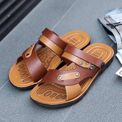 

Men's Sandals Slingback Sandals Casual Beach Daily Walking Shoes PU Breathable Non-slipping Wear Proof Brown Summer