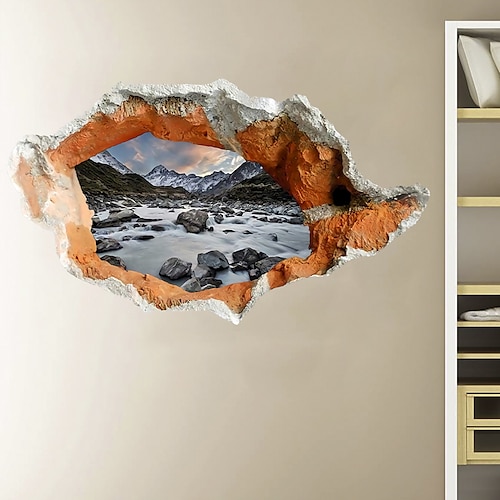 

3D Broken Wall Mountain And Running Water Hallway Background Decoration Can Be Removed Stickers