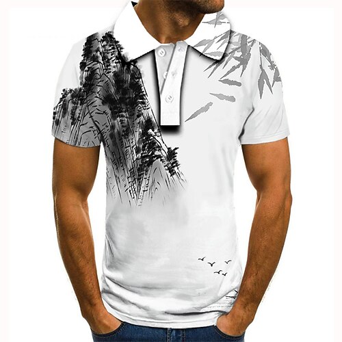 

Men's Golf Shirt Tennis Shirt 3D Print Graphic Prints Ink Painting Collar Street Casual Button-Down Short Sleeve Tops Casual Fashion Cool White / Sports
