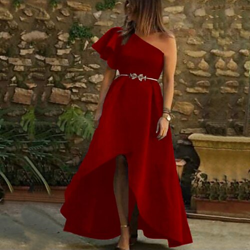 

Women's Party Dress Swing Dress Long Dress Maxi Dress Green Black Blue Half Sleeve Pure Color Ruched Fall Spring Autumn One Shoulder Party Christmas S M L XL